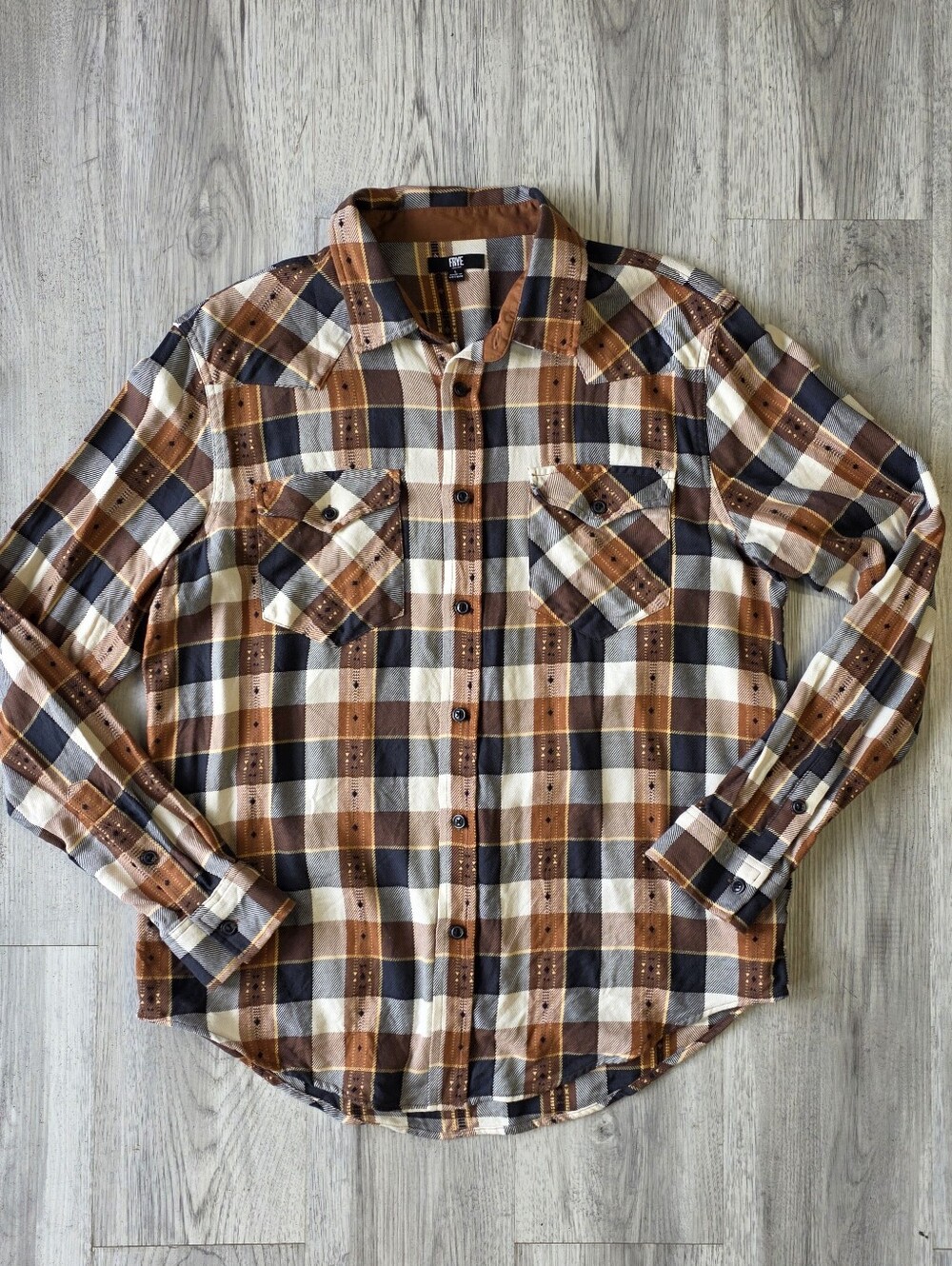 Frye Men’s Large Brown Black Cream Plaid Western Flannel Shirt